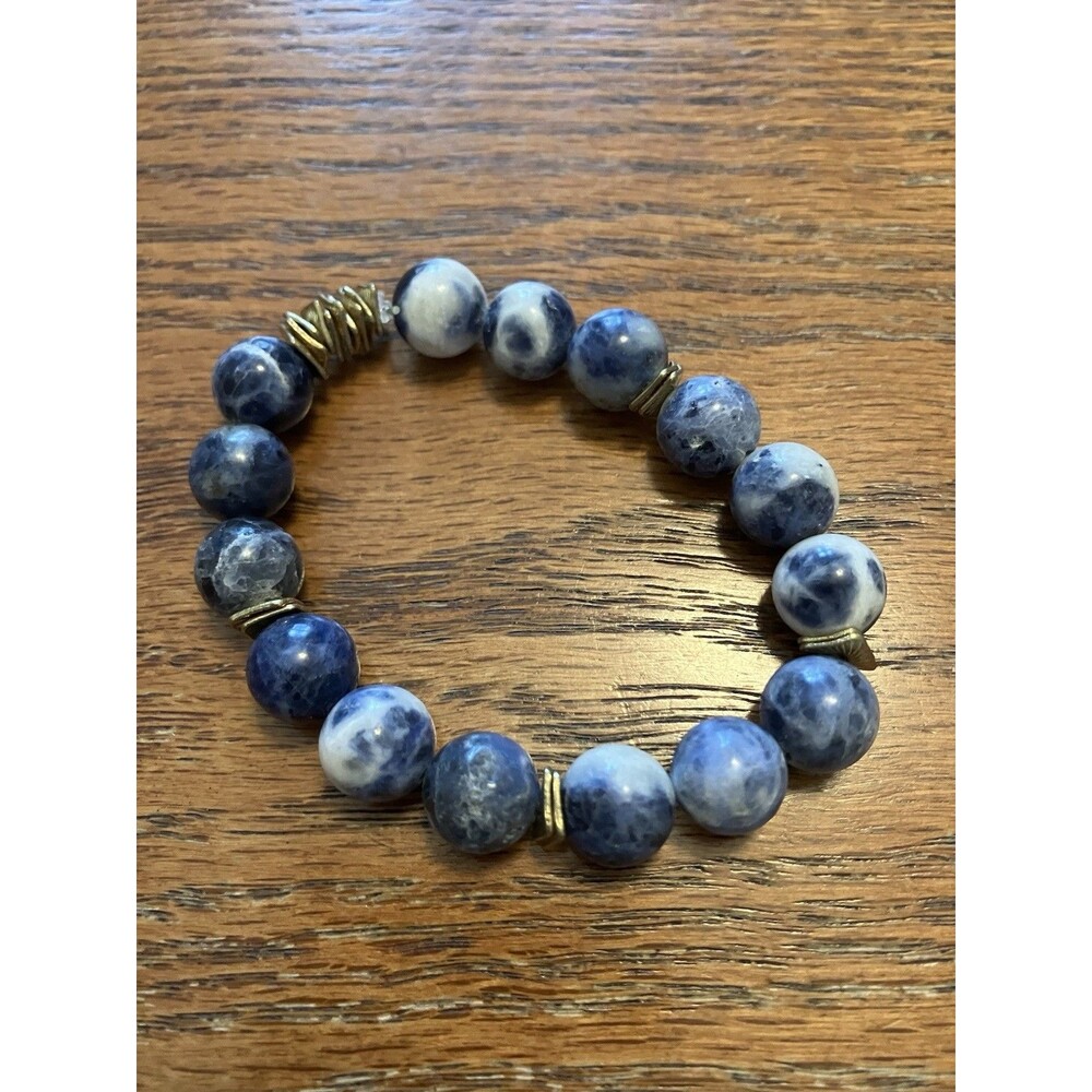 Sodalite Bracelet Natural Stone Beads Stretch Beaded Blue White Hand Crafted